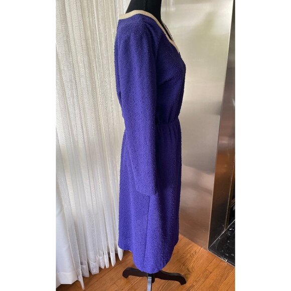 Vintage late 60s dress, purple, white trim, long sleeves, A-Line, elastic waist - Picture 6 of 7